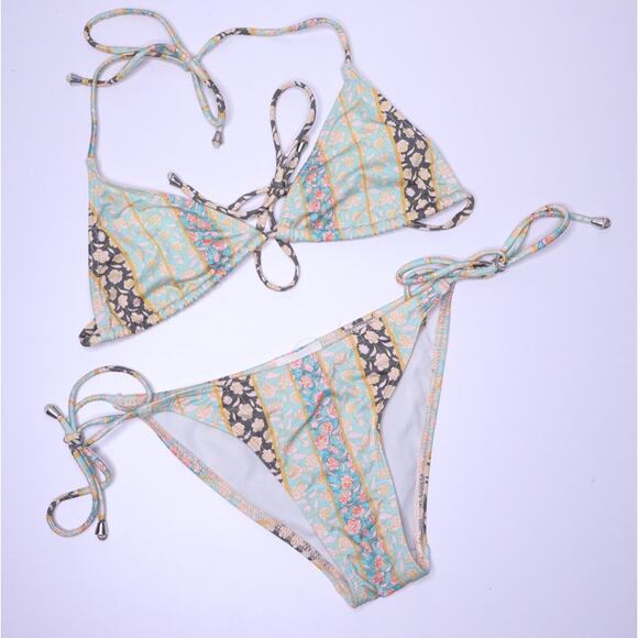TULAROSA Two-Piece Set String Bikini Floral Green Halter Side Tie Women's XS/S - Picture 1 of 9